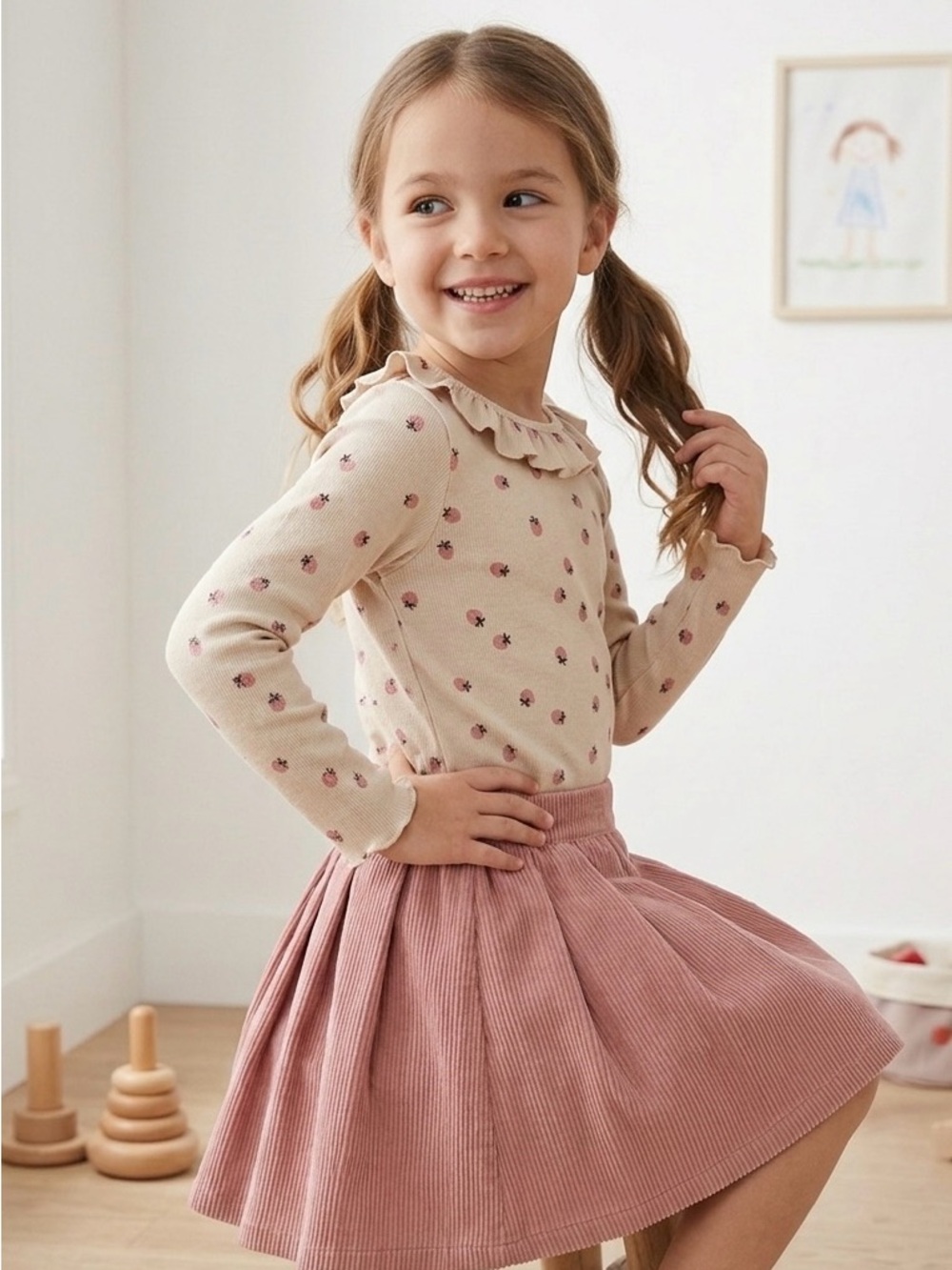 🍓 NWOT H&M Girls' Cream Ribbed Strawberry Long Sleeve Tee